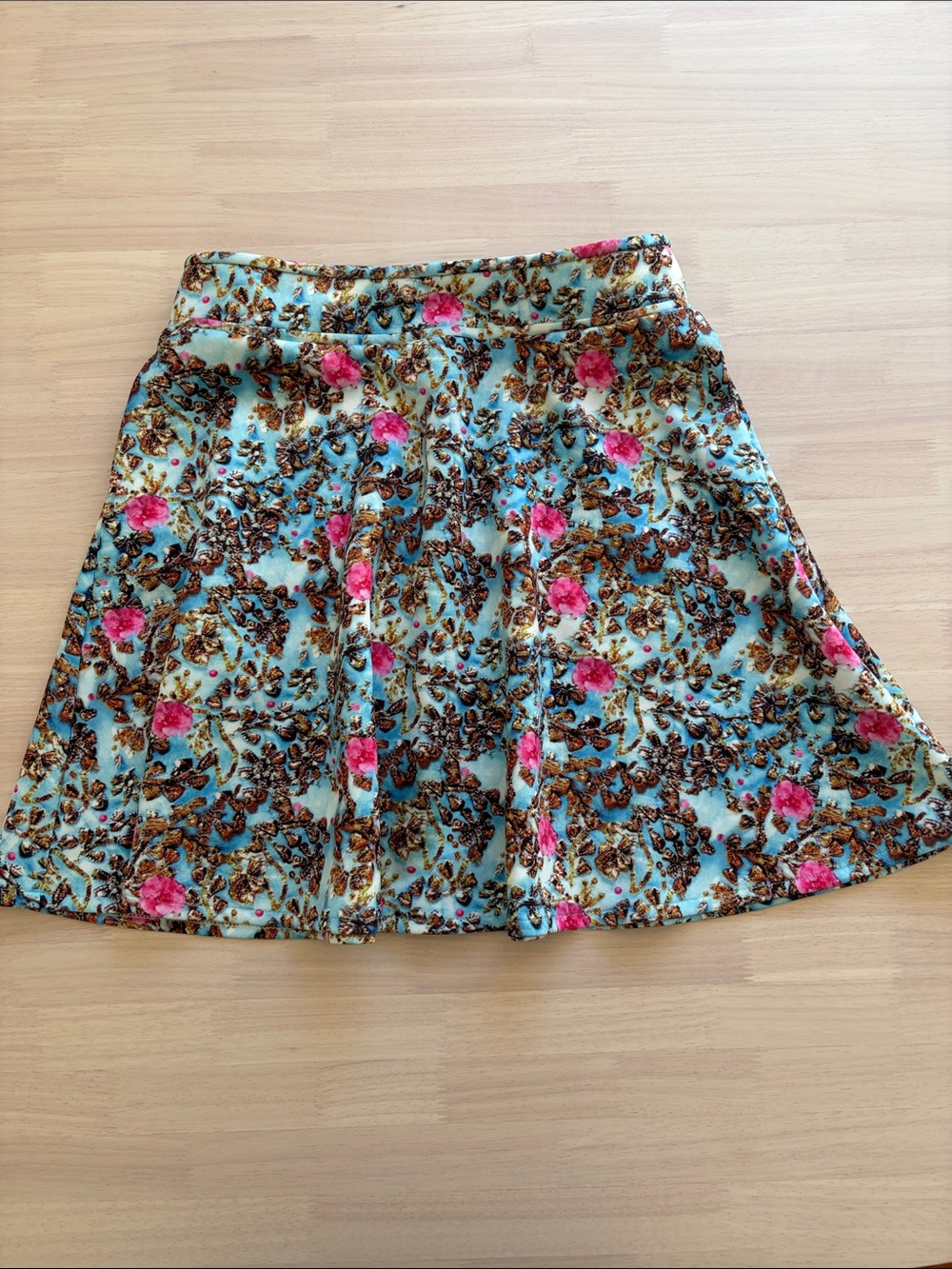 L'ATISTE By Amy Aqua Floral Circle Skirt with Pink Blooms Sz Medium Has Pockets!